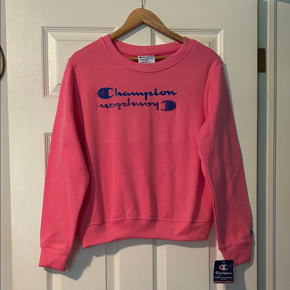 Champion Women's Bright Pink Sweatshirt with Blue Logo
